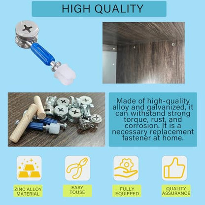 OFCOX 124Pcs 3 in 1 Cam Lock Screws and Nuts Set, Heavy Duty Zinc Alloy Furniture Connecting Fittings, Twist Lock Fasteners Bolts Dowels for Cabinet Drawer Dresser Cupboard Hardware Spare Parts Kit