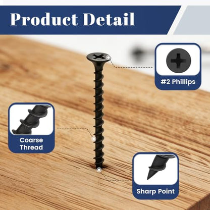 Mellewell #8 x 1-1/2" Black Coarse Thread Sharp Point Self Tapping Drywall Screws, #2 Phillips Bugle Head Wood Screw for Dry Wall Sheetrock Wood, Drive Bit Included, 1 LB - color: Black, size: #8 x 1-1/2"