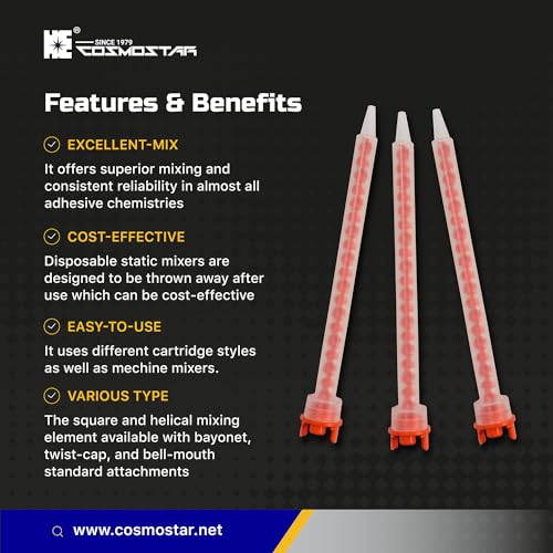 CosmoMix Helical Static Mixer Nozzle Tube Tip, K-System for 4:1/10:1 Mixing Ratio, 2.9 Inches, 16 Elements, 10 Pieces Epoxy Mixing Nozzle Tip For Adhensive Gun (RCF10-08-18S)