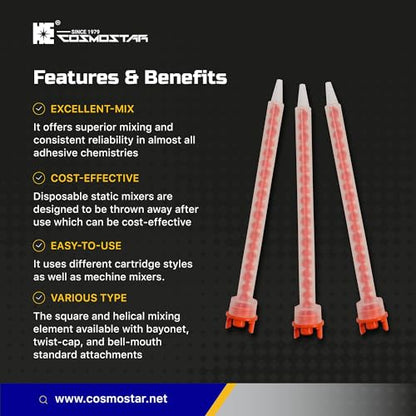 CosmoMix Helical Static Mixer Nozzle Tube Tip, K-System for 4:1/10:1 Mixing Ratio, 2.9 Inches, 16 Elements, 10 Pieces Epoxy Mixing Nozzle Tip For Adhensive Gun (RCF10-08-18S)