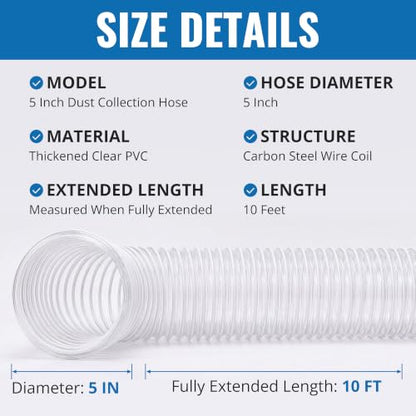 5" x 10' PVC Dust Collection Hose, 5 Inch Dust Collection Hose - size: 5" x 10'