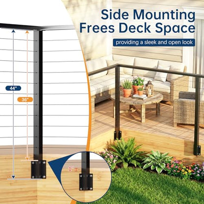 Side Mount Inner Corner Post 36" (Post Body 44"), Fixed Top Three Side Drilled Corner Post Cable Railing, Black Stainless Steel T304 Fascia Mount Metal Post with Inner Terminal & Cable Grommet - style: 1x Inner Corner