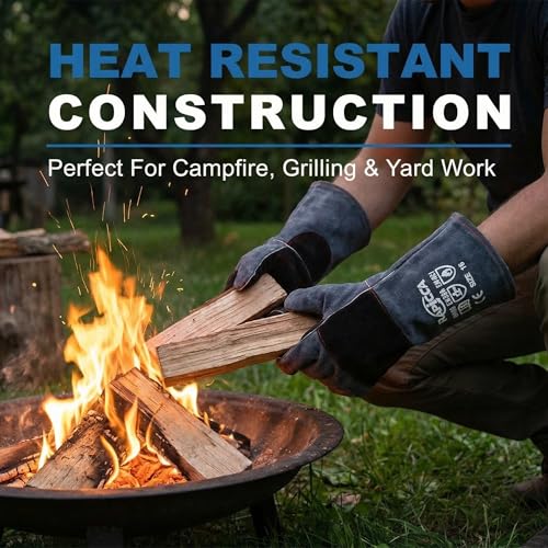 RAPICCA Fireplace Fire Pit Gloves, 932°F Fireproof Leather, 16in Dark Grey - color: Dark-grey(length 16in)