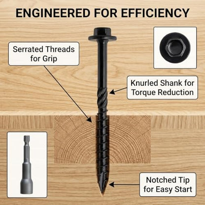 [Pack of 50] #14 x 6 inch Wood Structural Screws, Heavy Duty Hex Head Black Timber/Log/Landscaping Wood Screws, Rust Resistant, Hex Socket Included - color: Black, size: #14 x 6"