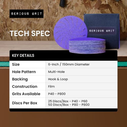 Serious Grit - 6-Inch P120 Grit Ceramic Multi-Hole Sanding Discs - 50 Pack - size: 120 Grit