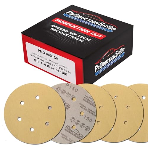 ProductionShop Premium 150 Grit 6" Gold Sanding Discs, 6-Hole Pattern, Box of 100 - Dustless Hook & Loop Backing Sandpaper for DA & Random Orbital Sanders, Sand Auto Paint, Wood Woodworking Furniture