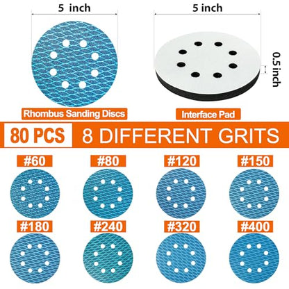 80 PCS Diamond Shape 5 Inch Sanding Discs Assorted 60 to 400 Grit - size: Mix Grit 80PCS Diamond