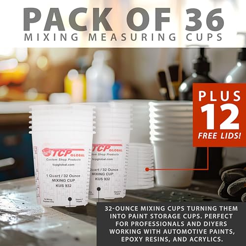 Custom Shop Paint Mixing Cups, 32-Ounce, 36 Pack, Plastic Measuring Cups - style: 36 Cups + 12 Lids