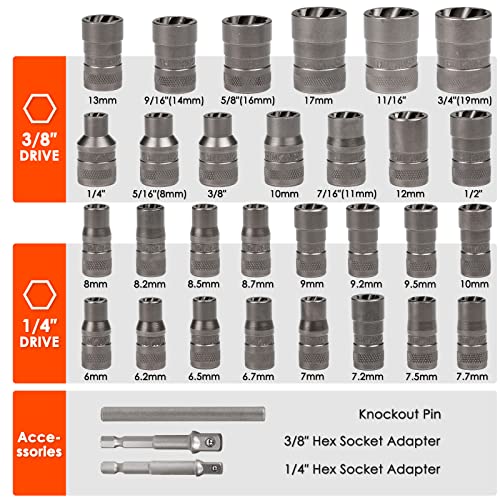 32 Pcs Bolt Extractor Kit, 1/4" & 3/8" Drive Impact Bolt & Nut Remover Set