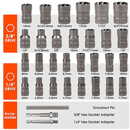 32 Pcs Bolt Extractor Kit, 1/4" & 3/8" Drive Impact Bolt & Nut Remover Set