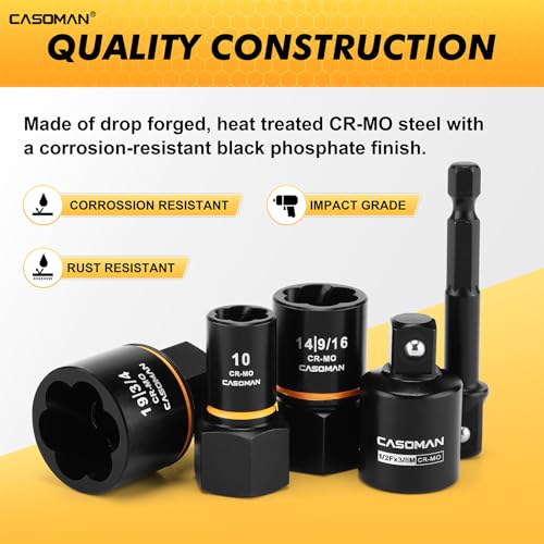 CASOMAN 17-Piece 3/8" Drive Bolt Impact Extraction Socket Set, Stripped for Damaged Rusted Frozen Studs Rounded Bolts, Nuts & Screws, CR-MO - size: 17-Piece