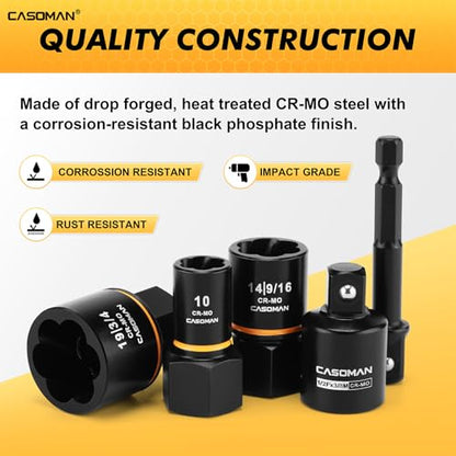 CASOMAN 17-Piece 3/8" Drive Bolt Impact Extraction Socket Set, Stripped for Damaged Rusted Frozen Studs Rounded Bolts, Nuts & Screws, CR-MO - size: 17-Piece