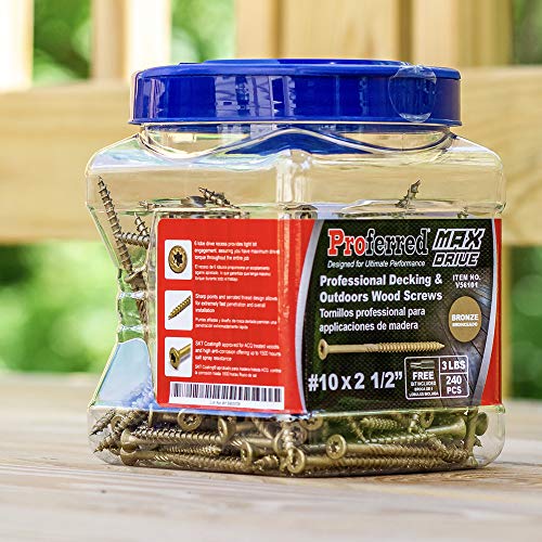 MAX Drive Professional Decking & Outdoors Wood Screws, Bronze SKT® Coating - 1500 Hour Salt Spray, #10 X 2-1/2",6 Lobe 25 Drive (240pcs with 1 Bit in Jar) Model Number: V56101 - size: #10 X 2-1/2", style: Bronze SKT Coating