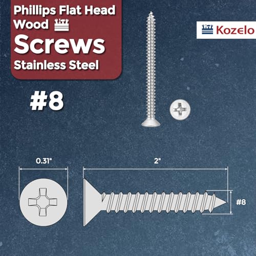 25pcs Phillips Flat Wood Screws #8x2 316 Stainless Steel Silver - size: #8x2"
