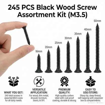 245 Pcs M3.5 Self Tapping Screws Flat Head Black Carbon Steel