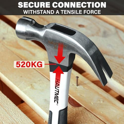 HAUTMEC 16 oz Claw Hammer, Drop Forged Claw Hammers with Magnetic Nail Holder and Firberglass Handle, Curved Jaw of Nail Puller, Smooth Face, HTMAM25003 - color: 16oz Claw Hammer