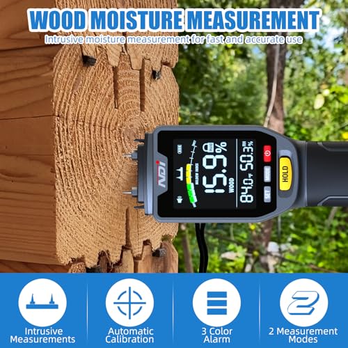 NDI 4 in 1 Pin Moisture Tester, Digital Water Tester, Wood Moisture Meter, Backlit LCD Display Automatic Alarm, Low-battery Indicator, Calibration & HOLD Button for Wood Firewood Lumber Floors