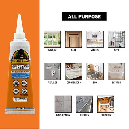 Gorilla 100% Silicone Caulk, Waterproof Sealant, 2.8oz Squeeze Tube, White - color: White, size: 1 - Pack
