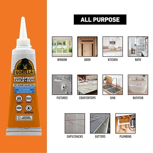 Gorilla 100% Silicone Caulk, Waterproof Sealant, 2.8oz Squeeze Tube, 2-Pack - color: White, size: 2 - Pack