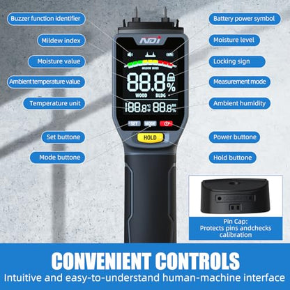 NDI 4 in 1 Pin Moisture Tester, Digital Water Tester, Wood Moisture Meter, Backlit LCD Display Automatic Alarm, Low-battery Indicator, Calibration & HOLD Button for Wood Firewood Lumber Floors