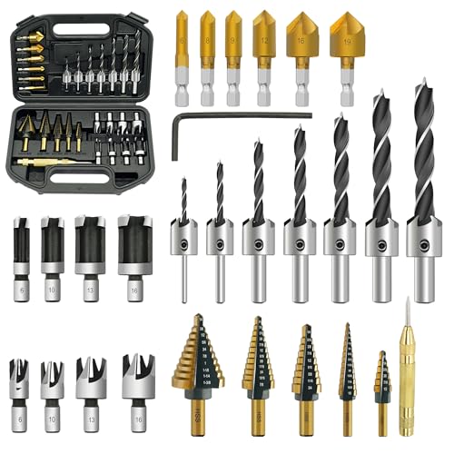 GMTOOLS 28Pcs Woodworking Chamfer Drilling Tools-Countersink Bit, Step Drill Bit Set, Wood Plug Cutter Drill Bit Set (2 Styles), 5-Flute Countersink Drill Bit, Positioning Punch and 1pc Hex Wrench - style: Set 27pcs