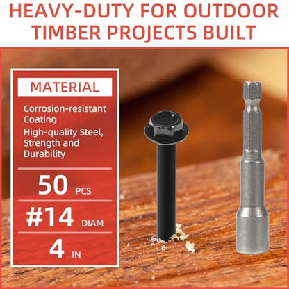 #14x4 Black Hex Exterior Lag Screws, Structural Wood Screw, Heavy DutyTimber Screws Includes Hex Socket (50Pcs) - size: #14 x 4"