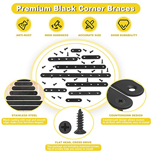 15 Sets 100x17.4mm(3.9x0.68inch) Stainless Steel Black Straight Bracket Mending Plates for Wood Heavy Duty Flat Straight Brace Joining with Mounting Screws