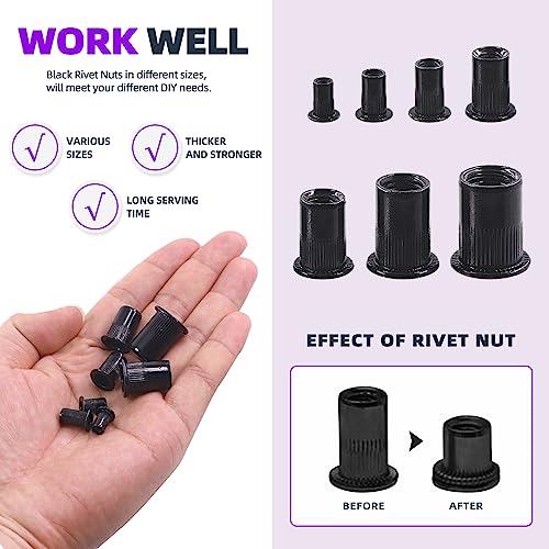Swpeet 100Pcs Carbon Steel Rivet Nuts Kit, Metric M5 Rivnuts Nut Sert Kits, Black Zinc Plated Carbon Steel Rivet Nut Inserts Nutserts Kit, Flat Head Threaded Insert Nut Assort - size: M5