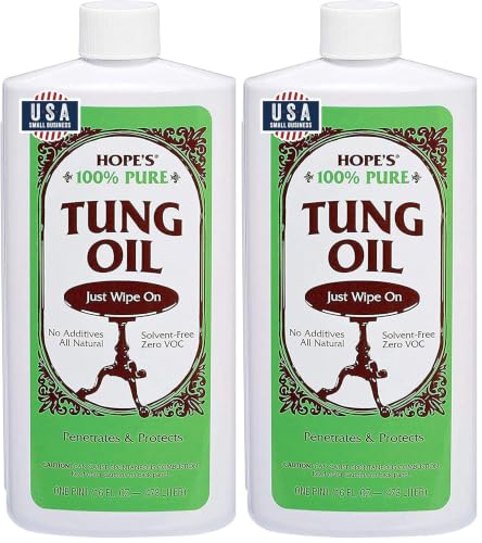 HOPE'S 100% Pure Tung Oil, Food Safe, Premium Waterproof Natural Wood Finish and Sealer for Indoor and Outdoor Projects,16 Fl Oz, 2 Pack