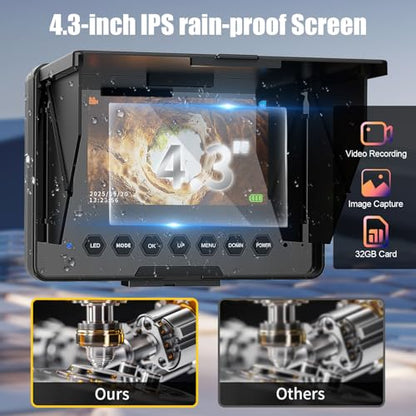 Sewer Camera, 100 ft/30 m, 4.3" Pipe Drain Inspection Camera with DVR Function and 12 Pcs LED Lights, IP68 Waterproof 23 mm Industrial Endoscope, Meter Marker, Included 32GB Card - size: 100 ft/30 m/23 mm With DVR
