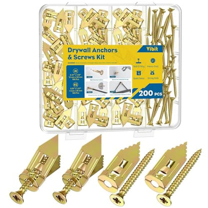 Vibit Self Drilling Drywall Anchors, Heavy Duty Wall Anchors for Drywall, Metal Dry Wall Anchors and Screws Kit, Carbon Steel Sheetrock Anchors with #6 x 1 3/8" Screws, Picture Hanging Kit, 200 Pcs - size: 200 Pcs