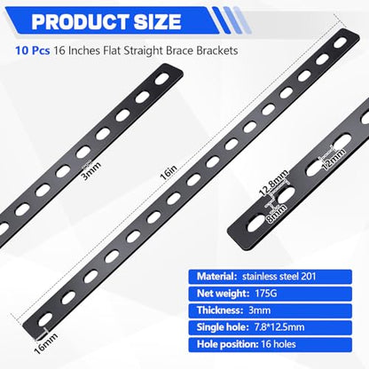 Zonon 10 Pcs 16 Inches Flat Straight Brace Brackets Adjustable 201 Stainless Steel Mending Plate 408mm/16 '' Length 16 Screw Hole Straight Bracket, 2.8 mm Thickness, Slot for 5/16" Screw (Black) - color: Black