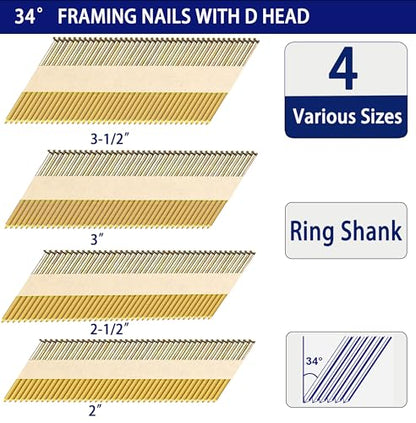 HW HAMWOO 34°Framing Nails,Ring Shank,2",2-1/2",3",3-1/2":960Pcs