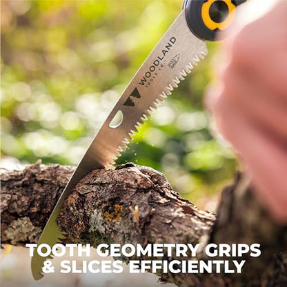 Woodland Tools Duralight Folding Saw – Curved Pruning Saw with Hardened Steel Blade, 3-Position Lock, Soft Grip Handle – Manual Tool for Tree Trimming, Branch Cutting, and Yard Work - style: Compact Duralight Folding Saw