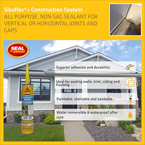 SIKA Sikaflex Construction Sealant - Limestone, Polyurethane Adhesive, Weatherproof, 10.1 oz Cartridge - Seals Joints, Cracks, Gaps in Concrete, Wood - Paintable, Durable, Flexible - color: Limestone