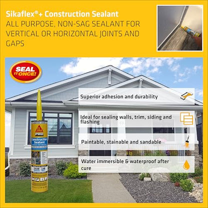 SIKA Sikaflex Construction Sealant - Limestone, Polyurethane Adhesive, Weatherproof, 10.1 oz Cartridge - Seals Joints, Cracks, Gaps in Concrete, Wood - Paintable, Durable, Flexible - color: Limestone