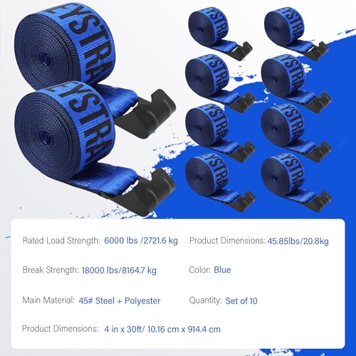4 Inch Flat Hook Truck Straps Heavy Duty 30 FT - 6000LB Working Load Winch Strap & Tree Saver, 18000LB Break Strength Tie Downs for Flatbed Trailers and Off-Road Recovery (10 Pcs) - color: Blue