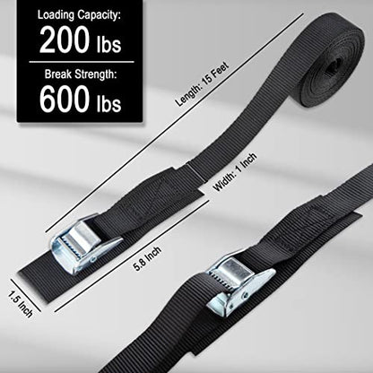 Cartman 1" x 15 ft Cam Buckle Straps, 8 Pack, 600 lb Break Strength, Black - color: Black, size: 8 PK
