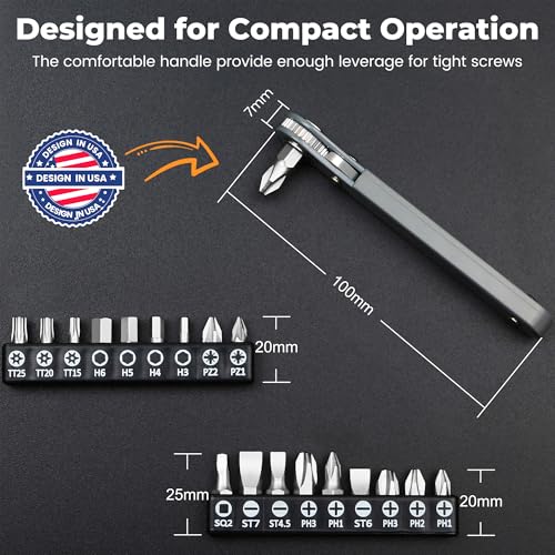 MULWARK 20pc 1/4 Ultra Low Profile Mini Ratchet Wrench Close Quarters Screwdriver Set with High Torque - Right Angle EDC Tool with 90 Degree Mini Offset Reversible Drive Handle & Multi Hex Bits Set