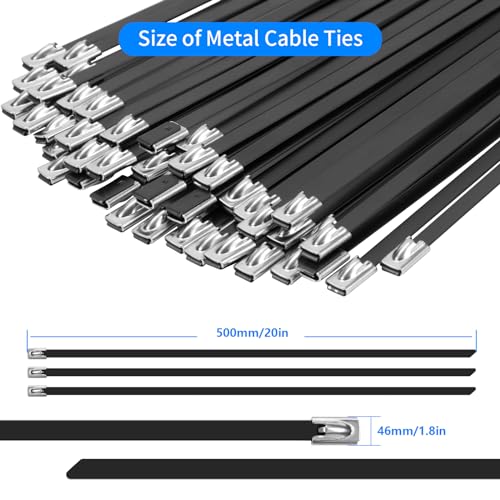 Armpow Metal Zip Ties Black 20 inch 290LB 50pcs Heavy Duty 304 Stainless Steel Epoxy Coated Locking Cable Exhaust Wrap Multi Purpose Binding for Machinery, Vehicles, Farms, Cables, Pipes,Fence - size: 20 inch