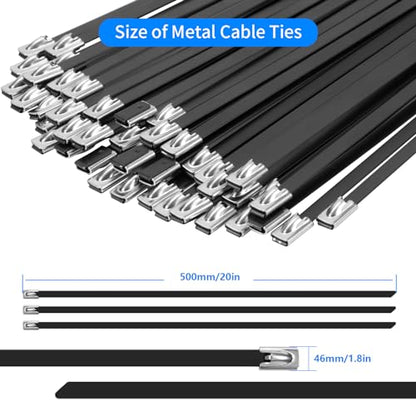Armpow Metal Zip Ties Black 20 inch 290LB 50pcs Heavy Duty 304 Stainless Steel Epoxy Coated Locking Cable Exhaust Wrap Multi Purpose Binding for Machinery, Vehicles, Farms, Cables, Pipes,Fence - size: 20 inch