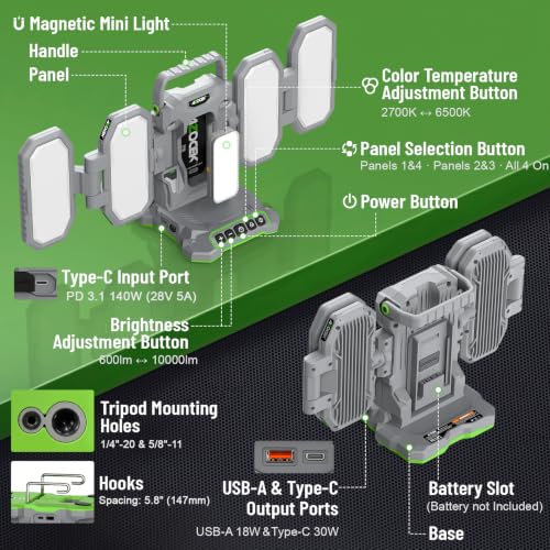 10,000LM Portable LED Work Light Compatible with R-yobi 40V Battery - color: Green