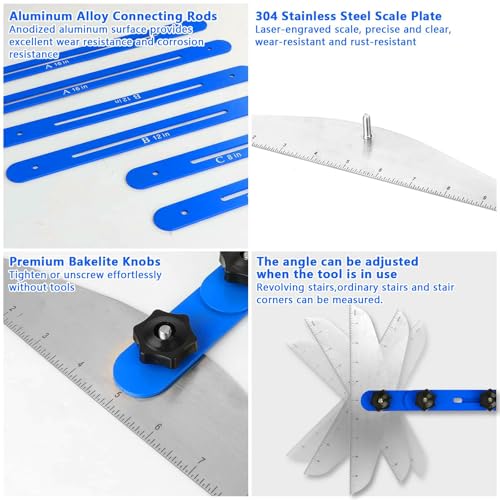 Stair Tread Template Tool, Aluminum Alloy Stair Tread Tool Jig, Stair Measuring Tool, Adjustable Stair Tread Gauge Shelf Scribe Layout Tool for Stairs, Risers and Cutting Drywall (8.86''-60.70'')