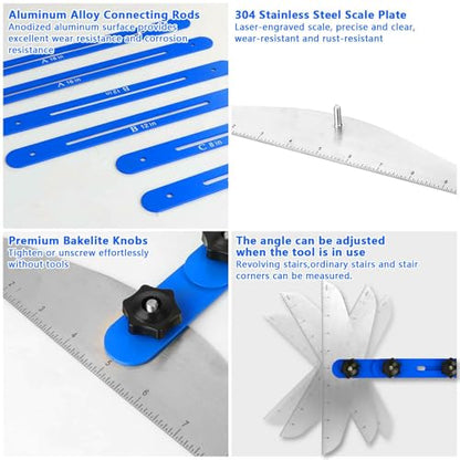 Stair Tread Template Tool, Aluminum Alloy Stair Tread Tool Jig, Stair Measuring Tool, Adjustable Stair Tread Gauge Shelf Scribe Layout Tool for Stairs, Risers and Cutting Drywall (8.86''-60.70'')