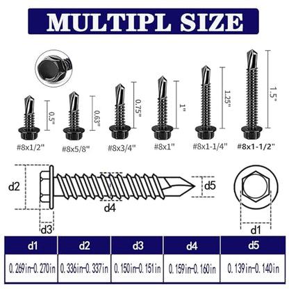 100pcs 410 Stainless Steel #8x1-1/2 Self Drilling Screws for Metal Plates Black hex Head High Strength & Corrosion Resistant self Tapping Screw (Hex #8x1-1/2) - size: Hex #8x1-1/2"