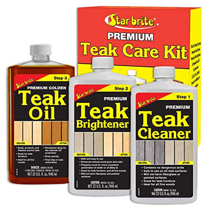 STAR BRITE Teak Kit - Restore Decks, Patio, Outdoor Furniture, Boats & Fine Wood - Marine Grade Teak Cleaner & Brightener Set & Premium Golden Teak Oil - Sealer, Preserver & Finish - 16 OZ