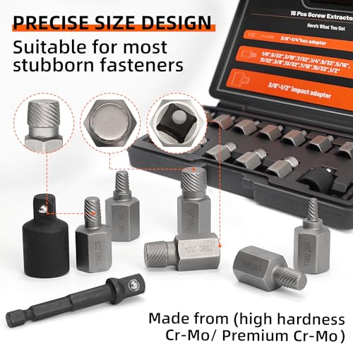 15Pcs Screw Extractor Set Double Hex Head Multi-Spline Lug Nut Remover - size: 15pcs
