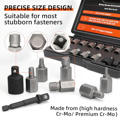 15Pcs Screw Extractor Set Double Hex Head Multi-Spline Lug Nut Remover - size: 15pcs