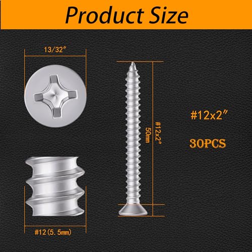 304 Stainless Steel #12 x 2 Flat Head Self Tapping Wood Screws 30PCS - size: #12 x 2"（30PCS）