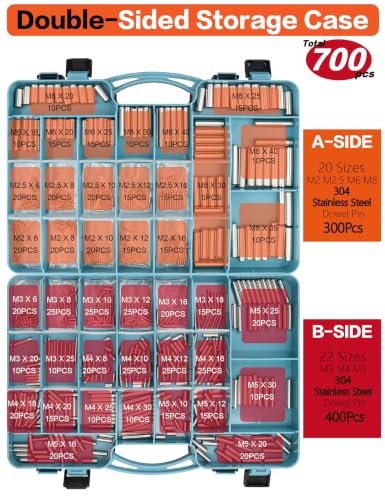 Stainless Steel Dowel Pins 700 Pcs 42 Sizes M2-M8 Metal Dowel Kit W/ Case - size: 42 Kinds